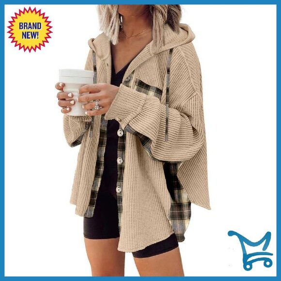 Jackets & Blazers - Waffle Knit Plaid Shacket Hooded Jacket Loose Fit Button Down Top